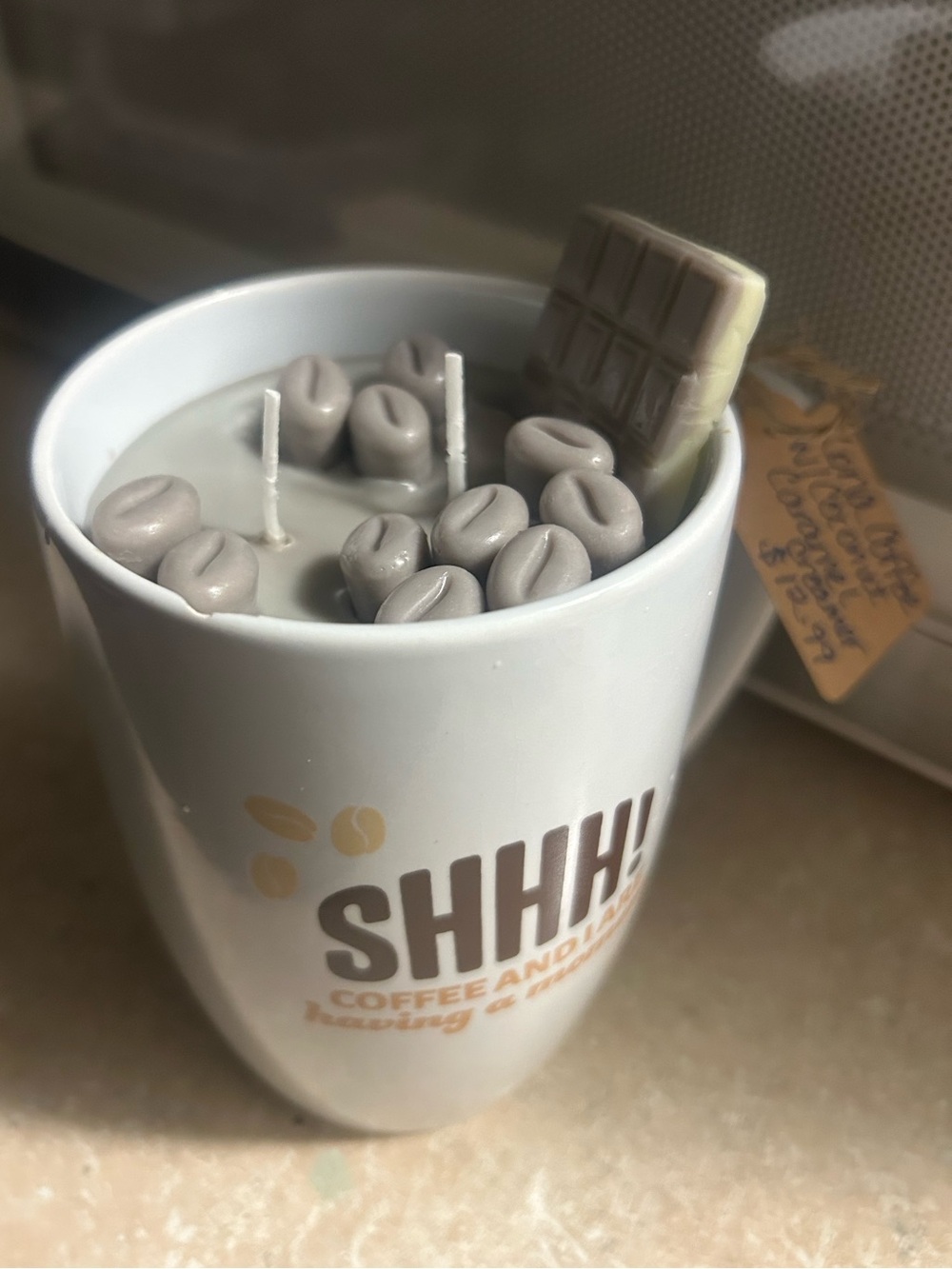 White Coffee-Themed Mug Candle with Gray Coffee Bean Toppers
